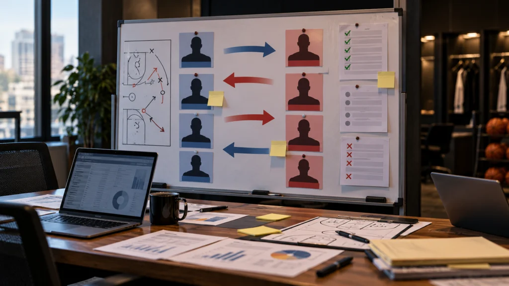 A generic basketball trade-analysis board with role arrows, confirmed-versus-unconfirmed notes and no real player names