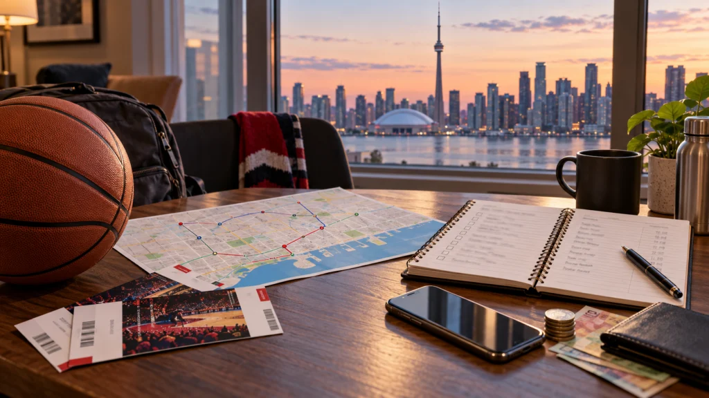 A Toronto basketball weekend planning table with generic tickets, a city route map and a complete budget notebook