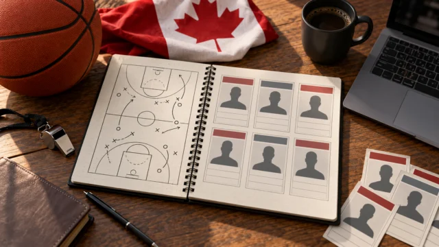 A basketball season watchlist notebook with a small Canadian flag motif and blank role-based player cards, no invented player portraits