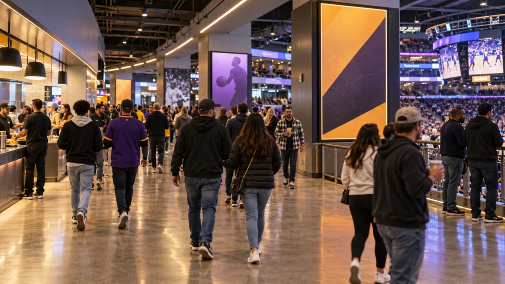 A basketball arena concourse with generic unbranded advertising panels and fans walking past, no casino logos or promotional offers
