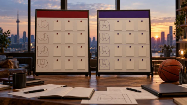 Two neutral basketball roster-analysis boards labelled Toronto and Los Angeles with role categories and no player names or team logos