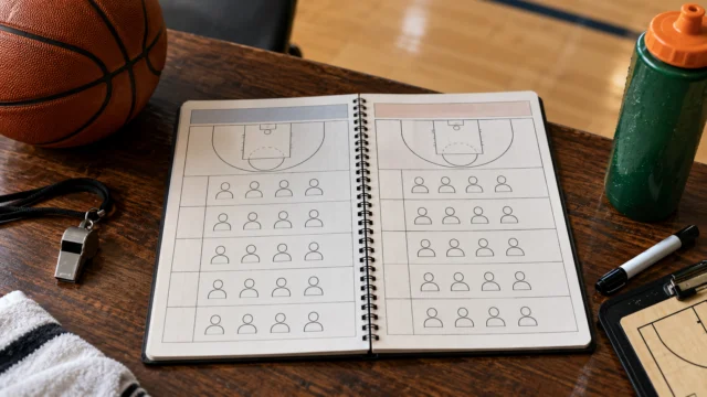 A basketball rotation notebook with generic five-player lineup symbols and separate regular-season and playoff columns