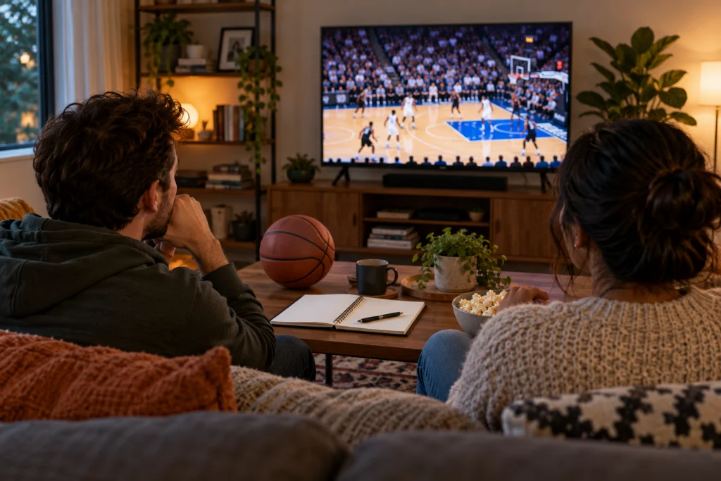 Two adults watching a basketball game with a simple glossary notebook and a ball nearby, unbranded home viewing setting