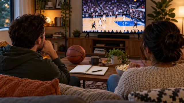 Two adults watching a basketball game with a simple glossary notebook and a ball nearby, unbranded home viewing setting