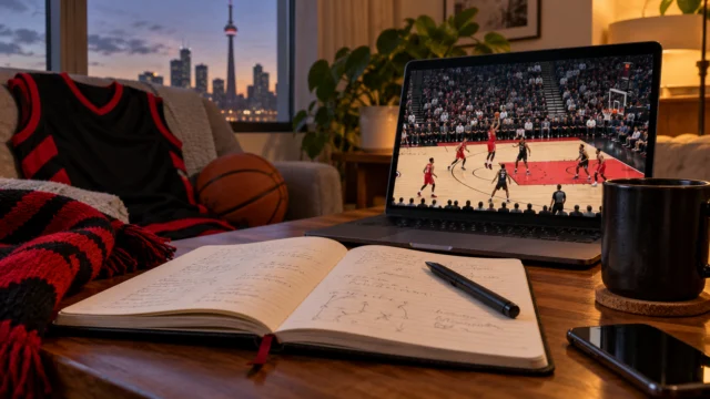 A basketball fan’s Raptors season journal with generic game-date notes and an unbranded court image on a screen