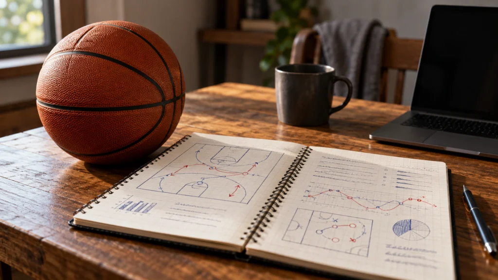 A basketball notebook explaining fictional spread and total examples beside a ball, no betting brands or promotional money imagery