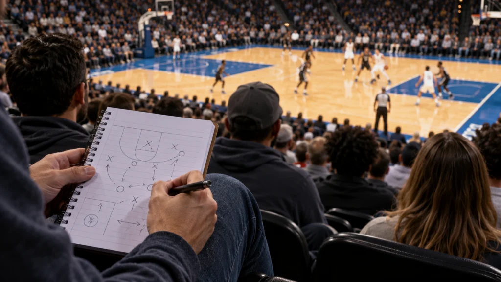 An unbranded professional-style basketball court viewed from the stands with a fan’s simple possession notes in the foreground
