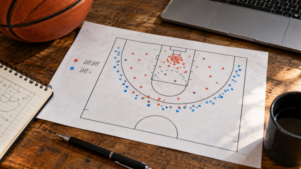 A generic basketball shot chart with fictional dots and attempt-count notes beside a court diagram, no real player data