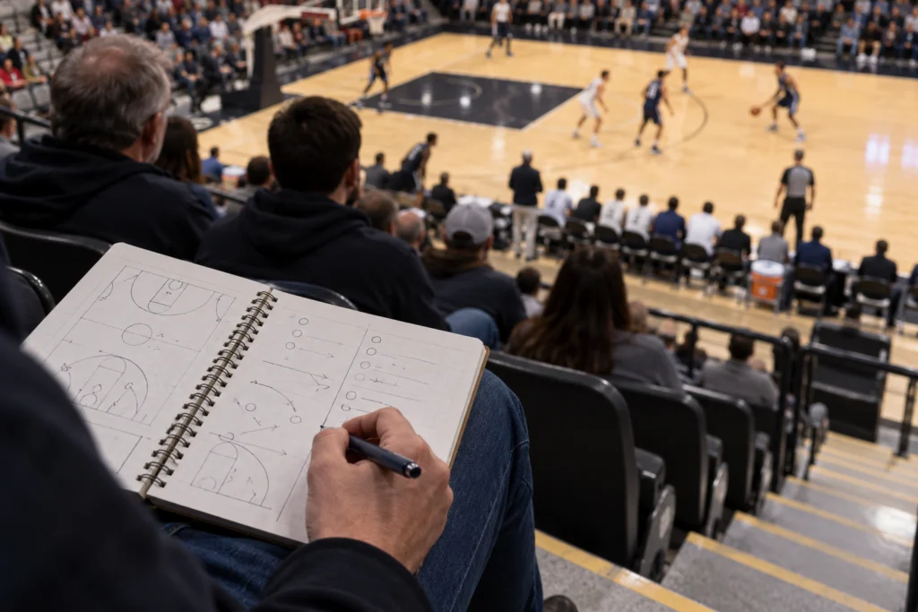 A basketball bench and court viewed from the stands with a fan’s lineup-role notebook, no identifiable players or team logos