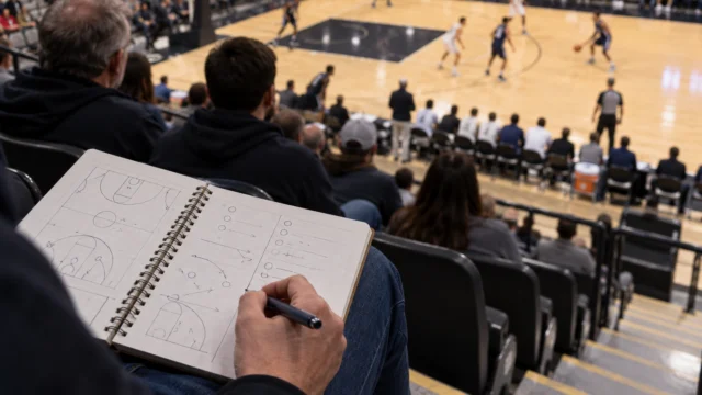 A basketball bench and court viewed from the stands with a fan’s lineup-role notebook, no identifiable players or team logos