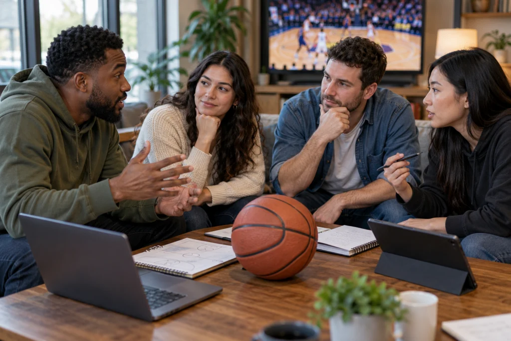 A small diverse group of adult basketball fans discussing a game around a table with a ball and simple notes, no gambling imagery