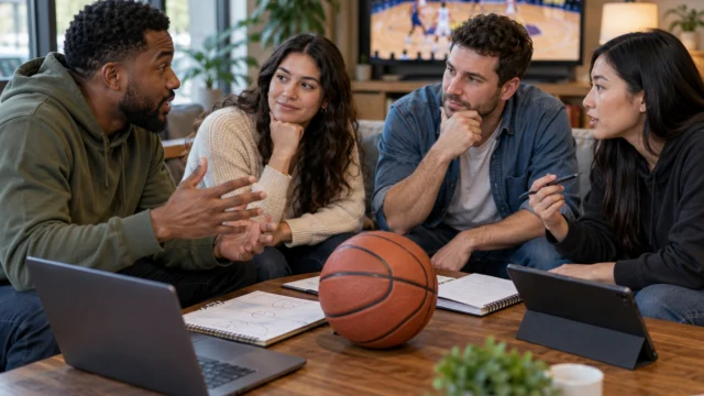 A small diverse group of adult basketball fans discussing a game around a table with a ball and simple notes, no gambling imagery