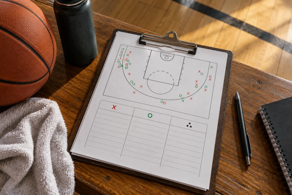 A generic basketball shooting worksheet separating attempts, makes and chance creation with a simple three-point arc diagram