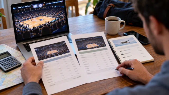 A generic basketball ticket comparison sheet with seat details, final totals and a travel-cost note, no ticket barcodes