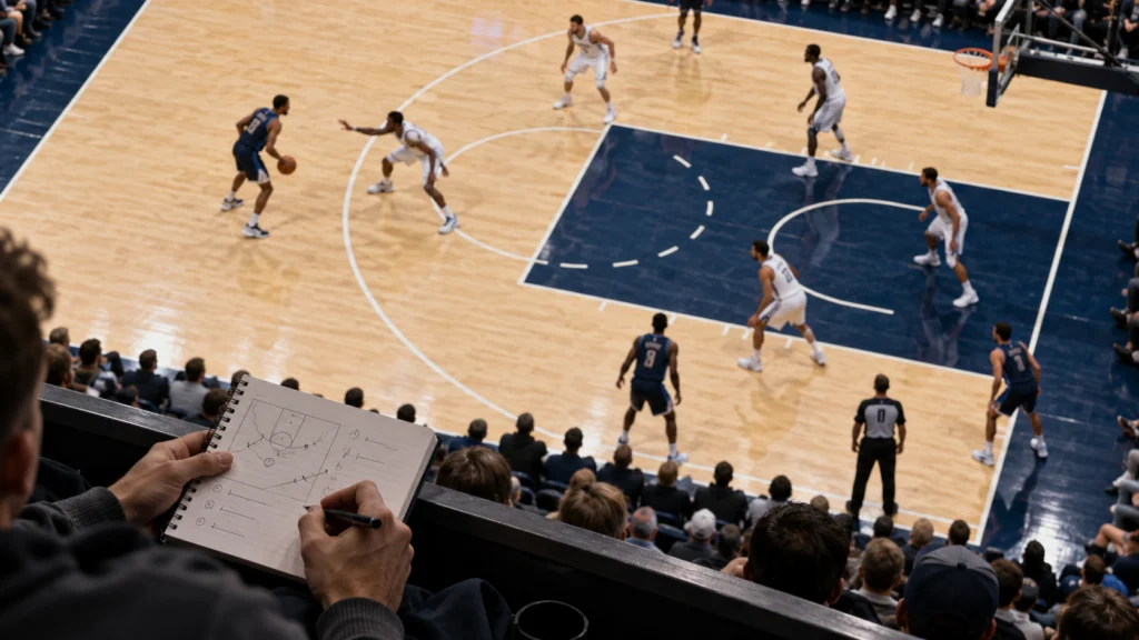 A basketball defensive possession viewed from above with a fan’s simple team-context notes, no identifiable players or real statistics