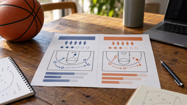 An educational basketball worksheet comparing fictional possessions and points with a simple court diagram, no real team statistics