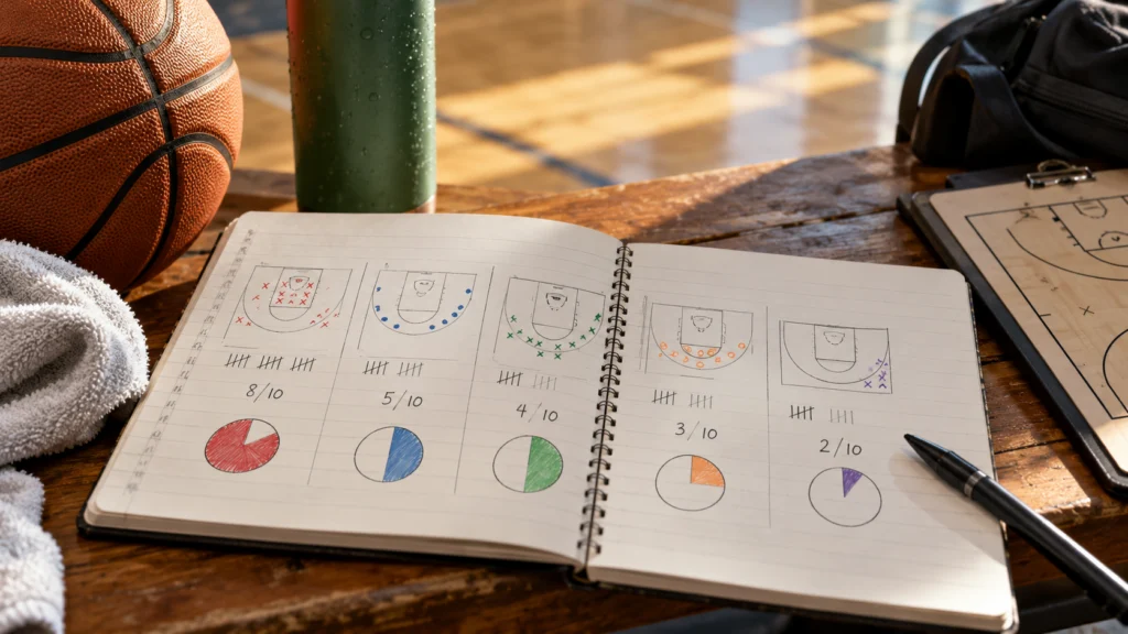 A basketball statistics notebook showing a fictional five-shot example with counts and percentages, no real player names