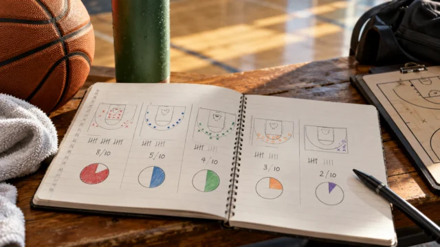 A basketball statistics notebook showing a fictional five-shot example with counts and percentages, no real player names